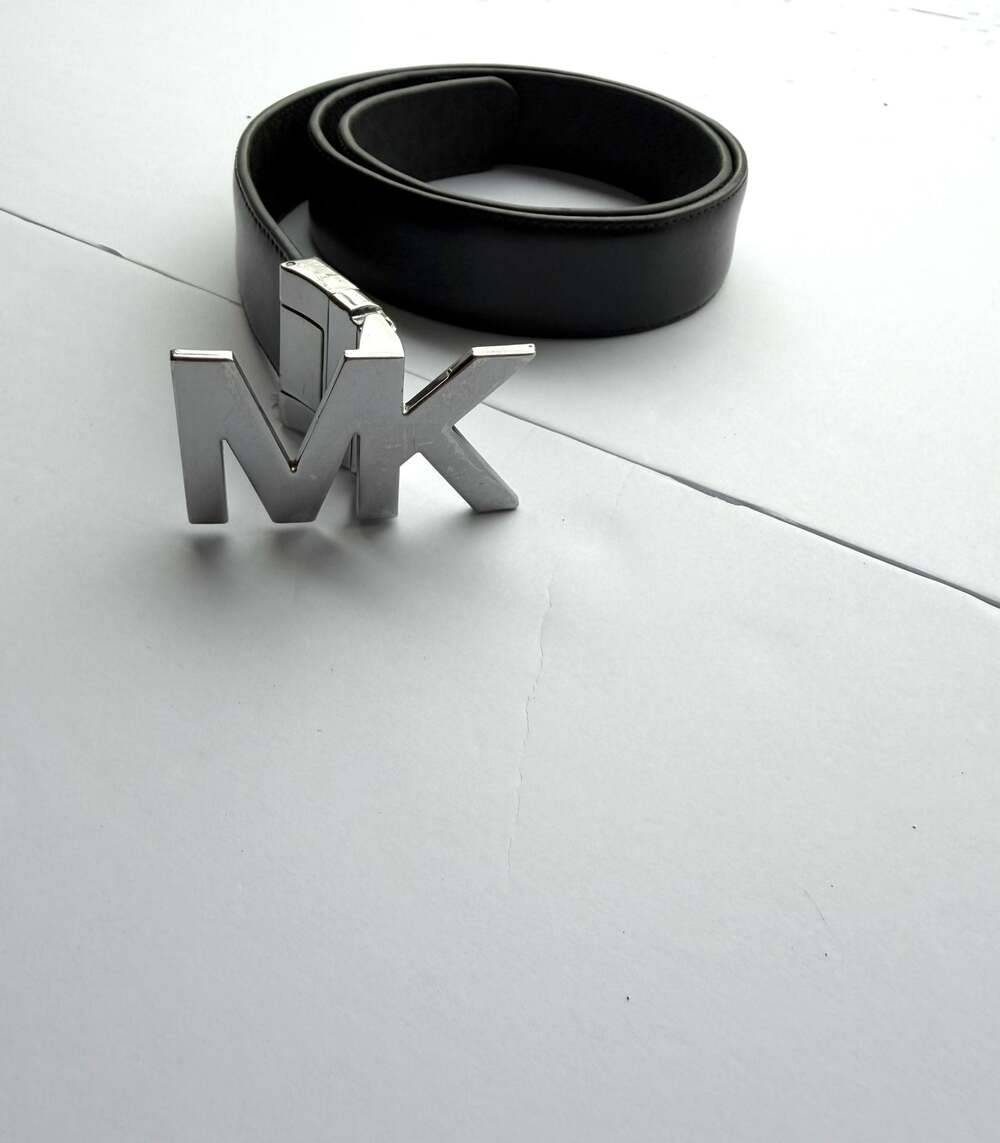 Michael Kors MK Logo Buckle Black Leather Ratchet Belt